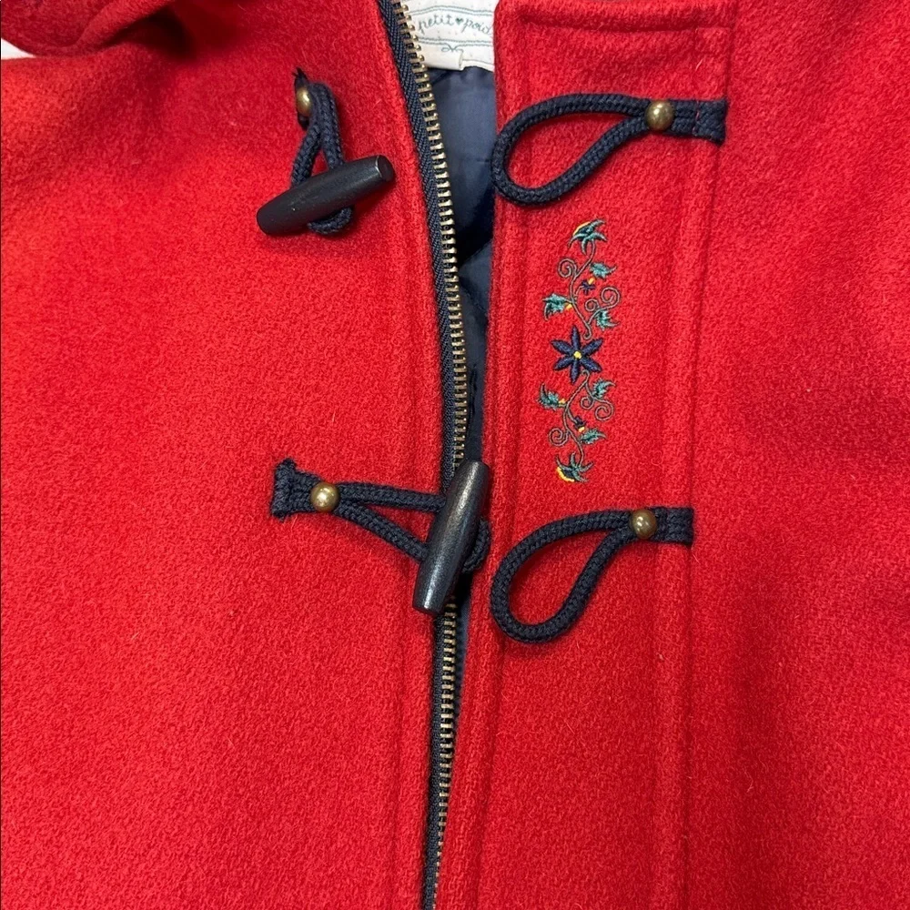 Petit Poids: Girls Red Wool Pea Coat with Floral Embroidery, Size 12